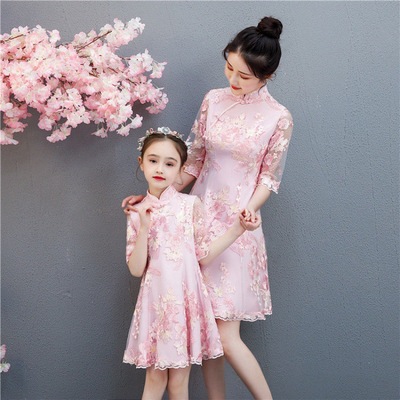 With children Female Women cheongsam Mother and daughter full dress Dress Tang costume Chinese style Parenting suit Hanfu costume