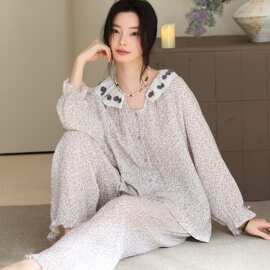 春秋新款纯棉纱布女长袖长裤开衫睡衣甜美休闲女家居服