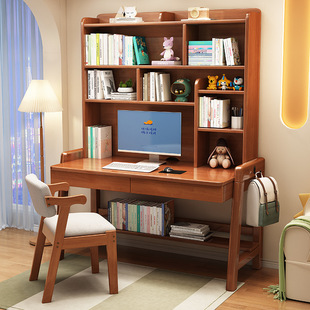 Solid Wood Desk Bookshelf Liftable Integrated Children's Study Desk Bedroom Simple Household Writing Desk for Primary and Secondary School Students