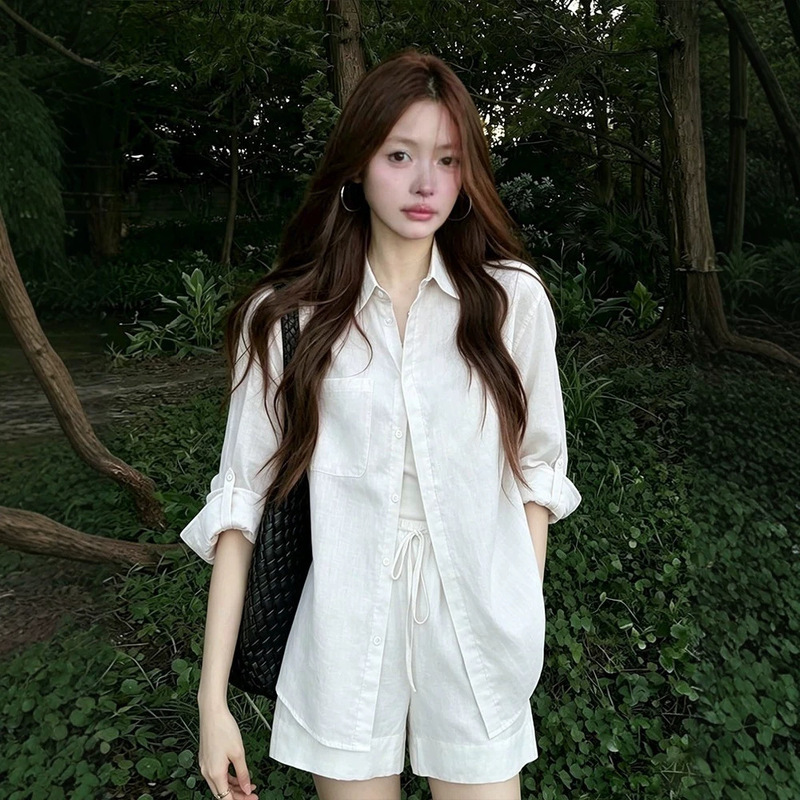 White Linen Old Money Style Shirt for Women, Summer Thin Style, Relaxed and Luxurious Cotton-Linen Shirt and Shorts Sun Protection Set