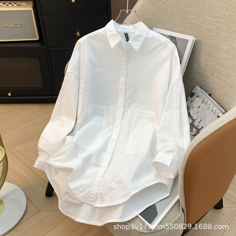 Wholesale shirt women's spring mid-length white shirt plus size casual front short back long BF wind loose top coat