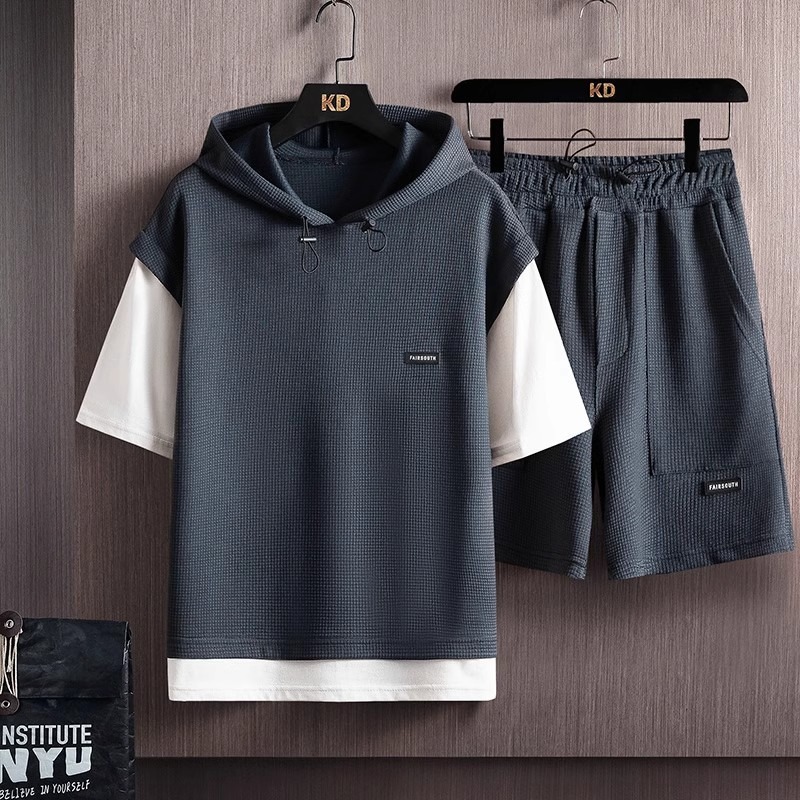 Men's Oversized Waffle Knit Short Sleeve Hoodie And Shorts Set Casual Coordinated Summer Streetwear Fake Two-Piece Outfit_viptrois.com