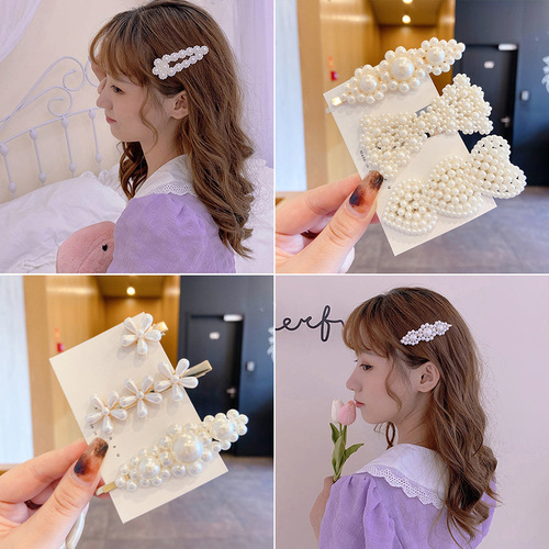 Cute pearl hairpin ins Korean rhinestone hairpin retro bangs hairpin simple love clip hair accessories wholesale