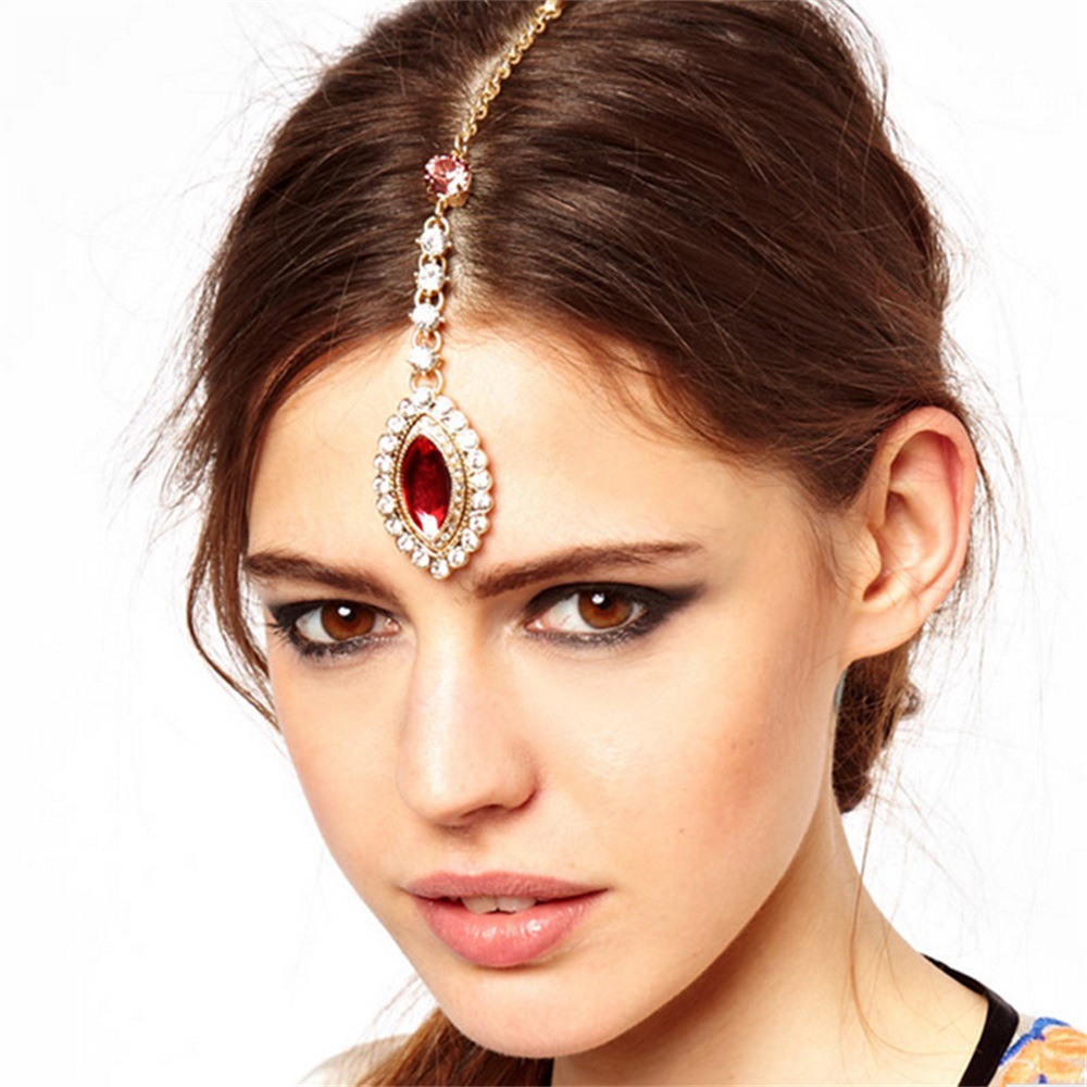 FS0005 Ethnic Style pink Gemstone Eyebrow Drop Hairpin Drop Headwear Hairpin One-word Clip Headwear
