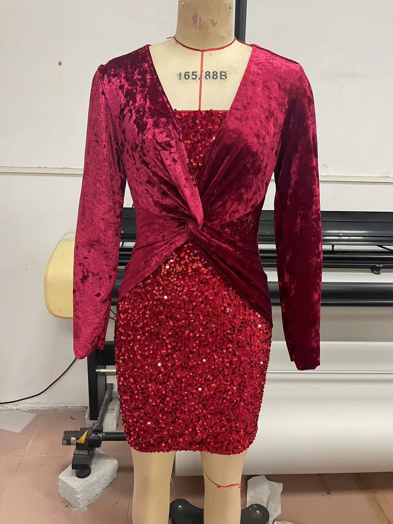 Europeo y Americano de Primavera y Otoño de comercio exterior de las nuevas mujeres de Amazon de manga larga de lentejuelas slim fit vaina apretado vestido de banquete