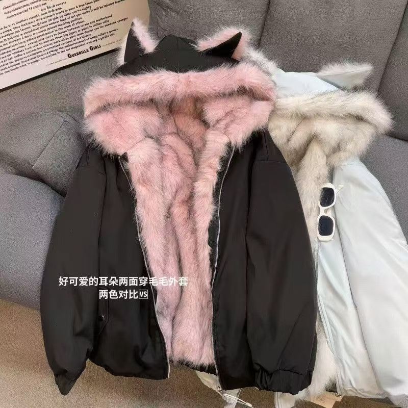 日系复古可爱猫耳朵座山雕双面穿外套女学生韩版冬季新款加厚棉服