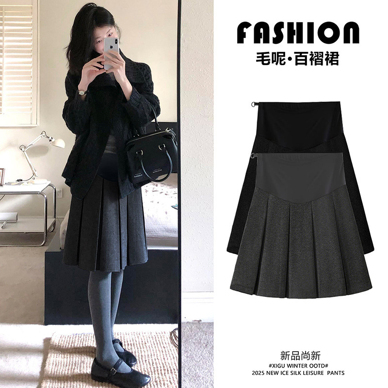 Maternity Gray Woolen Pleated Skirt Winter 2025 Slimming Short Skirt for Petite Women A-Line Midi Skirt