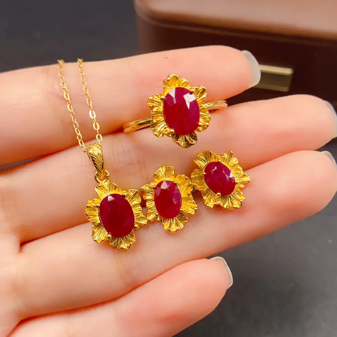 跨境天然红宝石套装女配饰小众高级感925银饰5*7+6*8时尚工厂直销