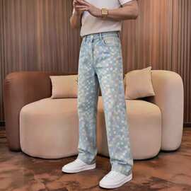 轻奢风彩色像素格印花牛仔裤男男2026夏季新款高腰宽松慵懒拖地裤