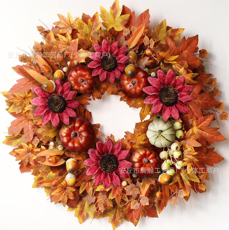 Amazon Cross-Border Autumn Wreath with Artificial Maple Leaves, Pumpkins, Acorns, and Sunflowers for Farmhouse Thanksgiving Harvest Festival Decoration