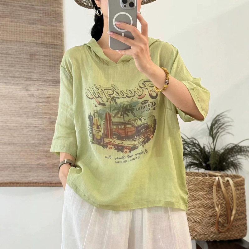 Ramie Printed T-Shirt for Women 2026 Summer New Style Artistic Hooded Collar Versatile Loose Pullover Shirt Ramie Printed T-Shirt for Women 2026 Summer New Style Artistic Hooded Collar Versatile Loose Pullover Shirt