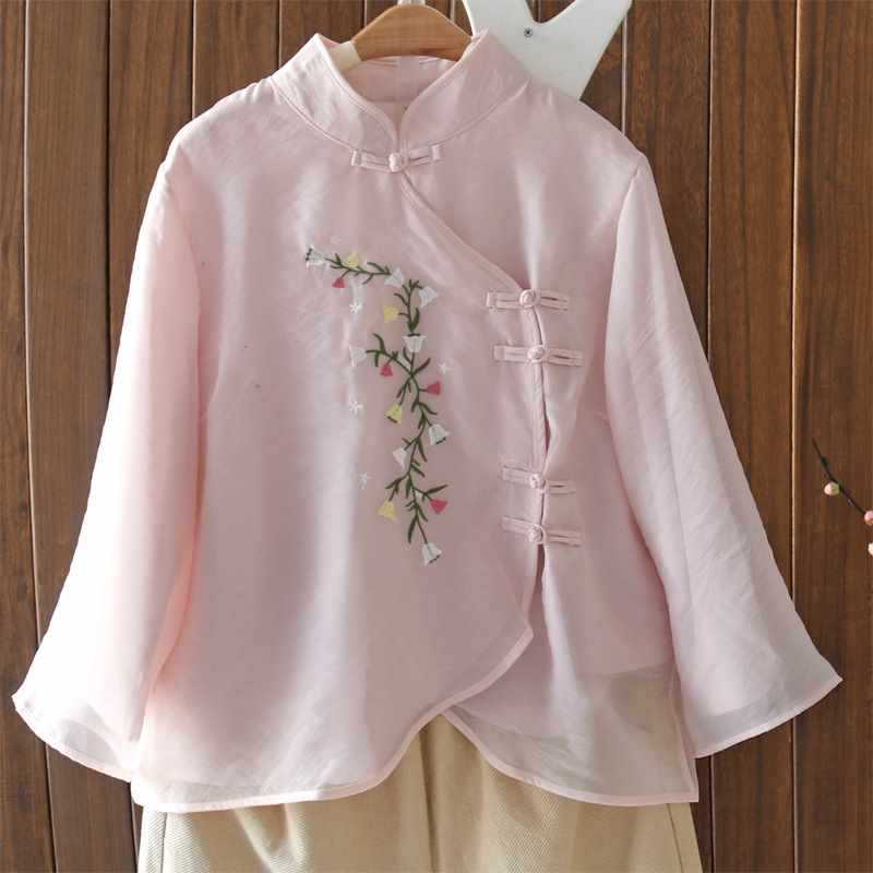 欧根纱绣花上衣女2023春夏装民族风宽松大码盘扣文艺复古茶服衬衫