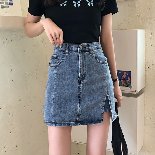 Denim skirt female Internet celebrity ins style hot girl half-length high waist elastic hip-covering A-line skirt slit anti-exposure short skirt summer