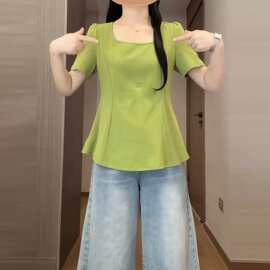 超火减龄方领正肩短袖t恤女2026夏季新款胖mm遮肉显瘦巨好看上衣