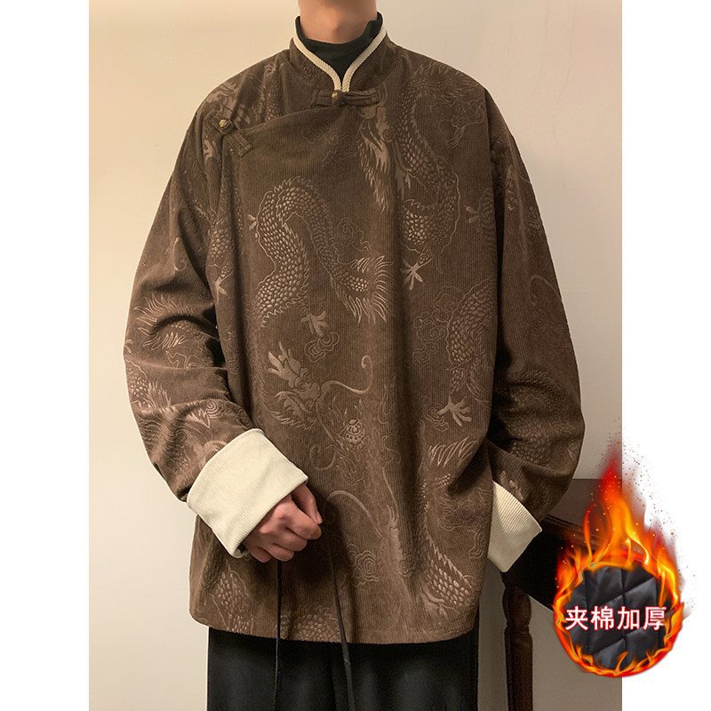 新中式斜襟龙纹灯芯绒中山装夹棉加厚外套棉衣JK1020-P135控158