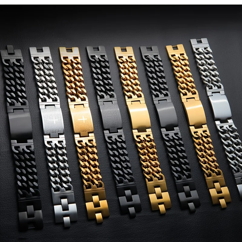 Amazon's Popular Punk European and American Men's Cross Double-Row Denim Bracelet Stainless Steel Thick Chain Bracelet Bracelet Jewelry