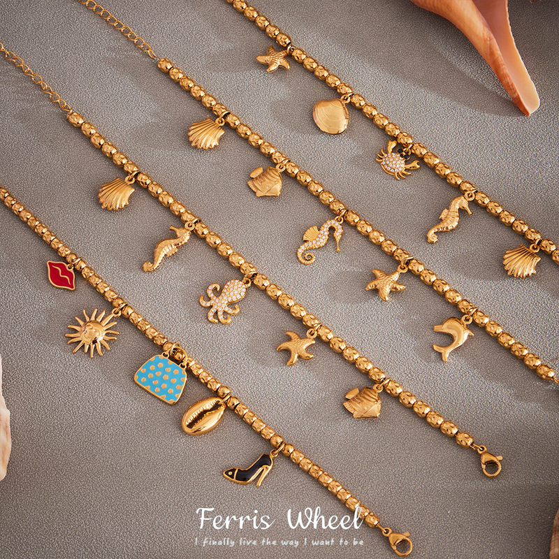 Ferris Wheel New Oil Dripping Bag High Heels Ocean Style Shell Starfish Dolphin Full Diamond European and American Elegant Bracelet for Women
