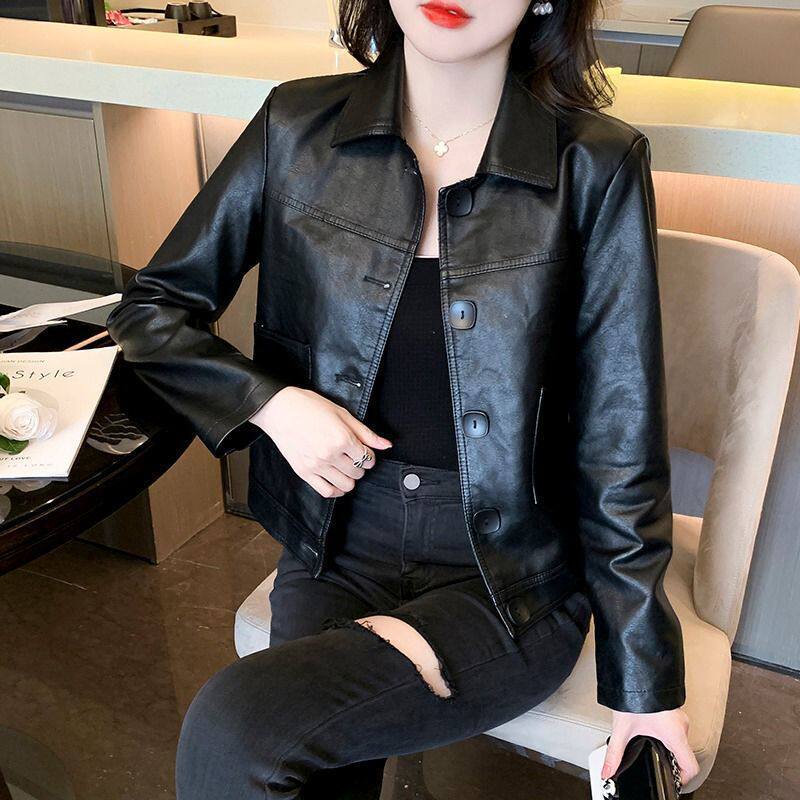 Áo khoác da nữ dáng ngắn cổ ve tay dài phong cách thanh lịch — Đen [Xuân Thu] chi tiết 2