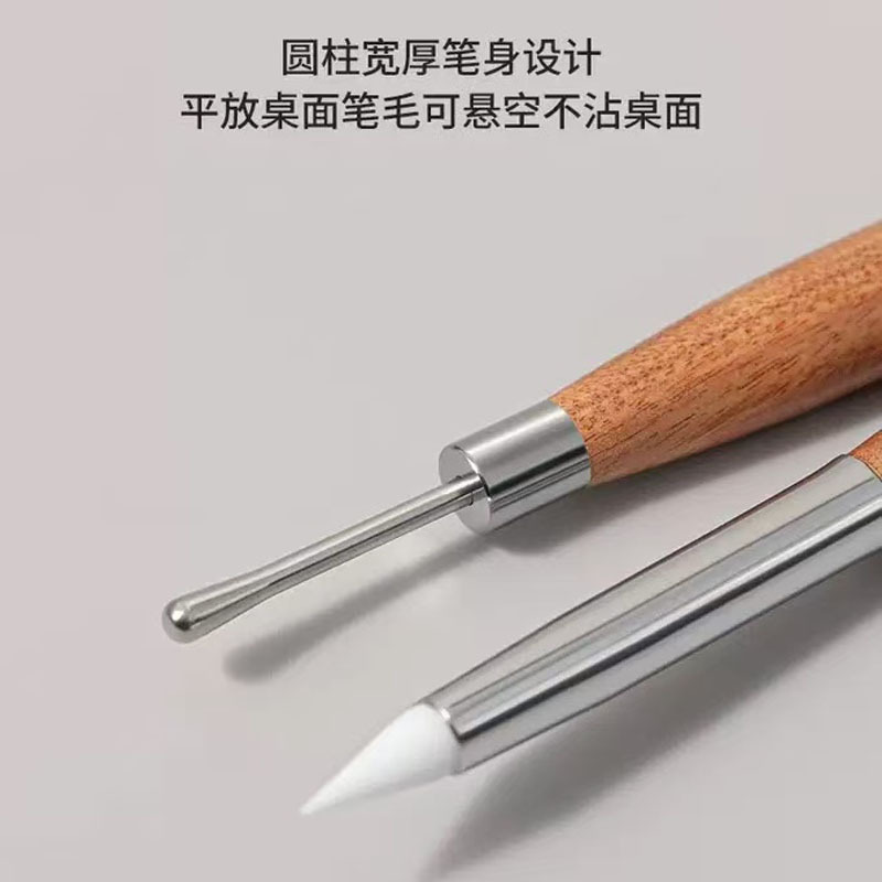 跨境双头檀木美甲笔调胶笔硅胶雕花笔多功能刮胶压花彩绘美甲工具|undefined