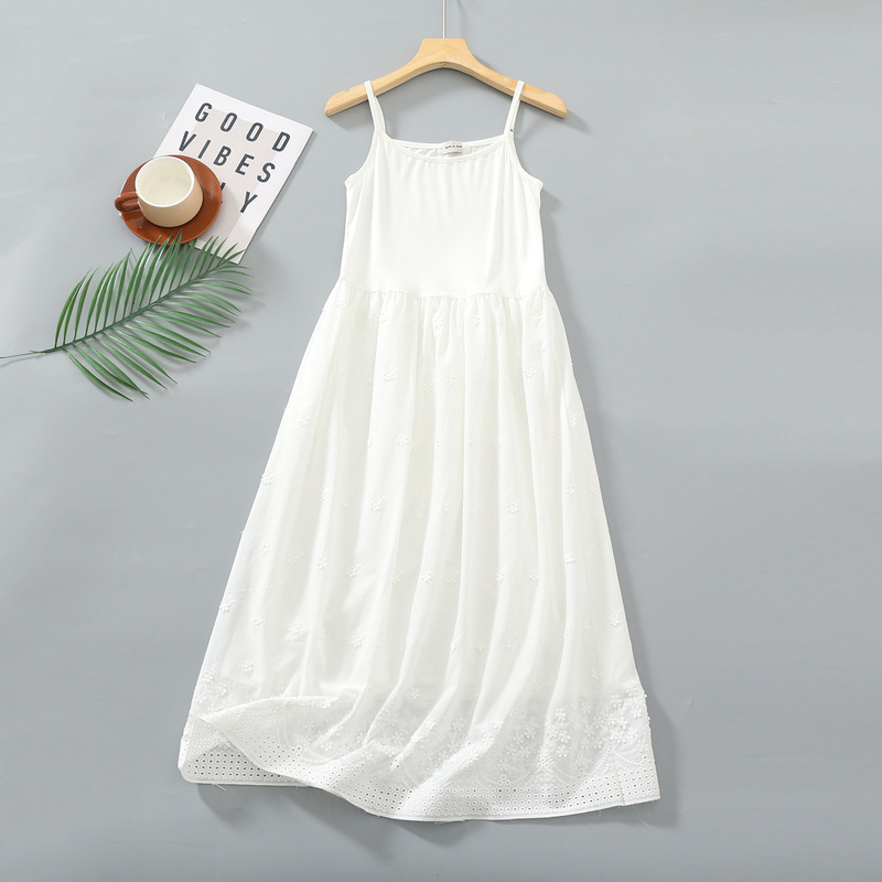 Summer Cotton Hollow Circle Embroidered Flower Dress Fashionable Splicing Age-Reducing High-Waisted Long Skirt Round Neck Suspender Skirt