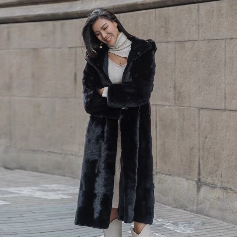 Fur MK1521 black imitation mink coat women's hooded long warm mink fur