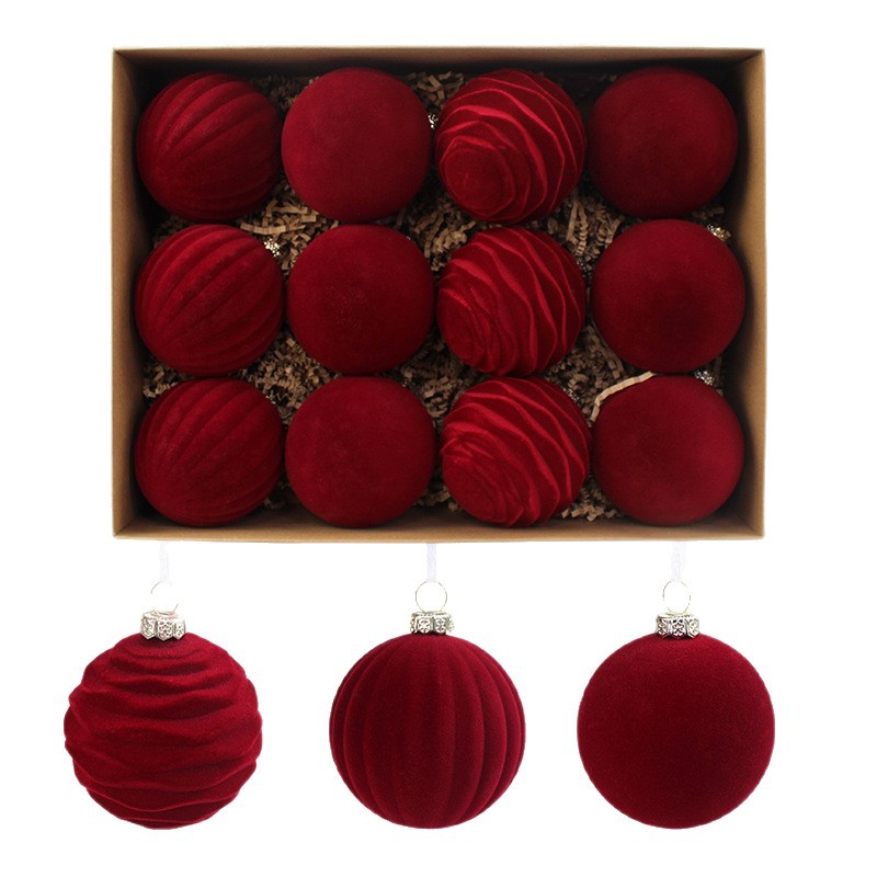 Nueva decoración navideña transfronteriza 8cm flocado bola de navidad árbol de navidad pequeño colgante decoración navideña navideña