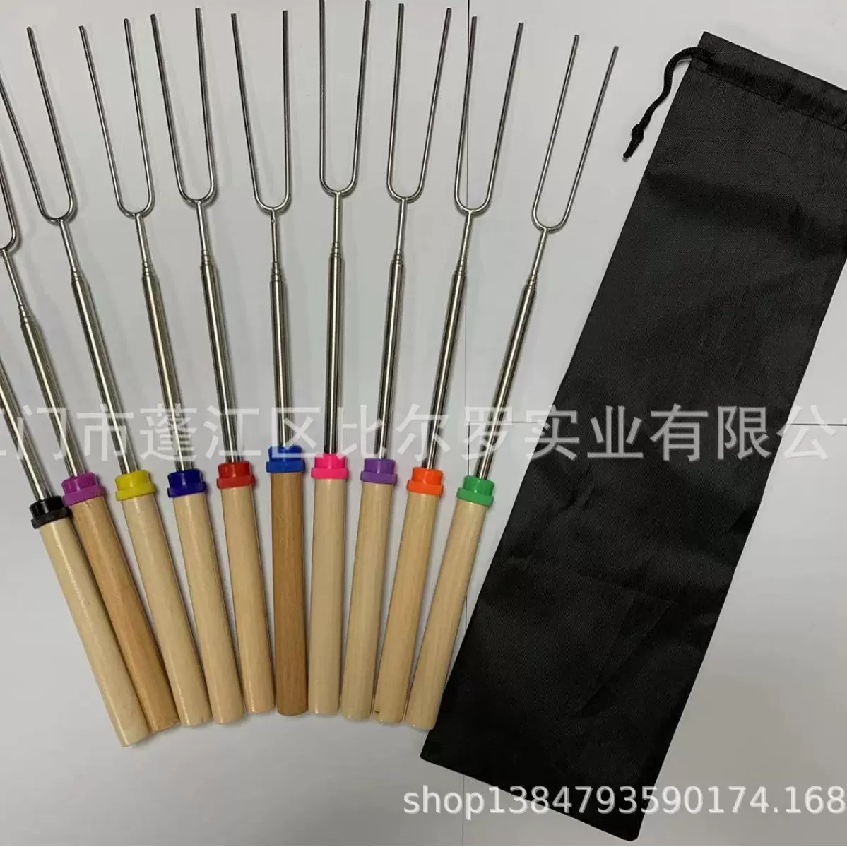 不锈钢伸缩烧烤叉BBQ热狗叉玉米叉食品叉烧烤用品木手柄烤针u型叉