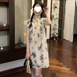 新中式国风晕染小飞袖连衣裙女夏季今年流行的漂亮盘扣上衣娃娃裙