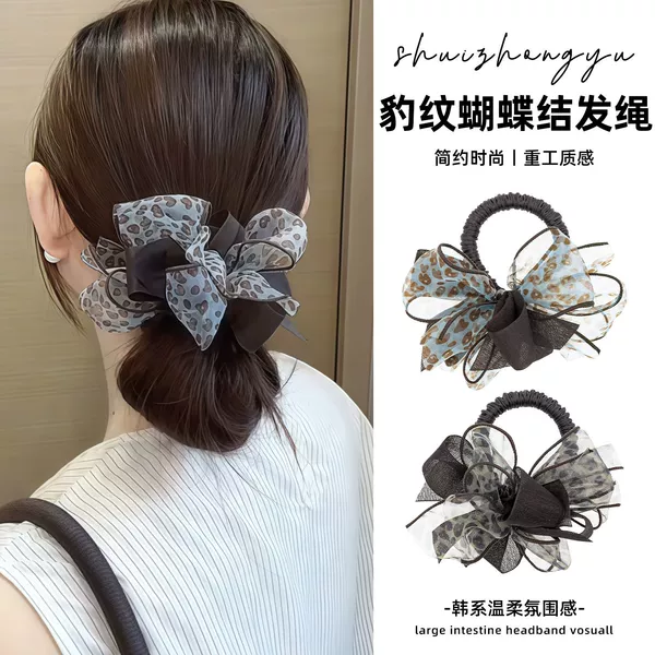 Leopard print bow hair tie for women, 2026 new model, high-end bun hair band, elastic hair rope with high elasticity