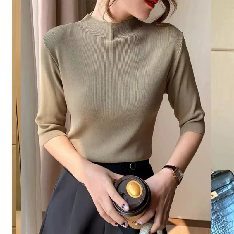 半高领针织衫女冰丝中袖宽松纯色短款显瘦气质打底衫外穿简约上衣