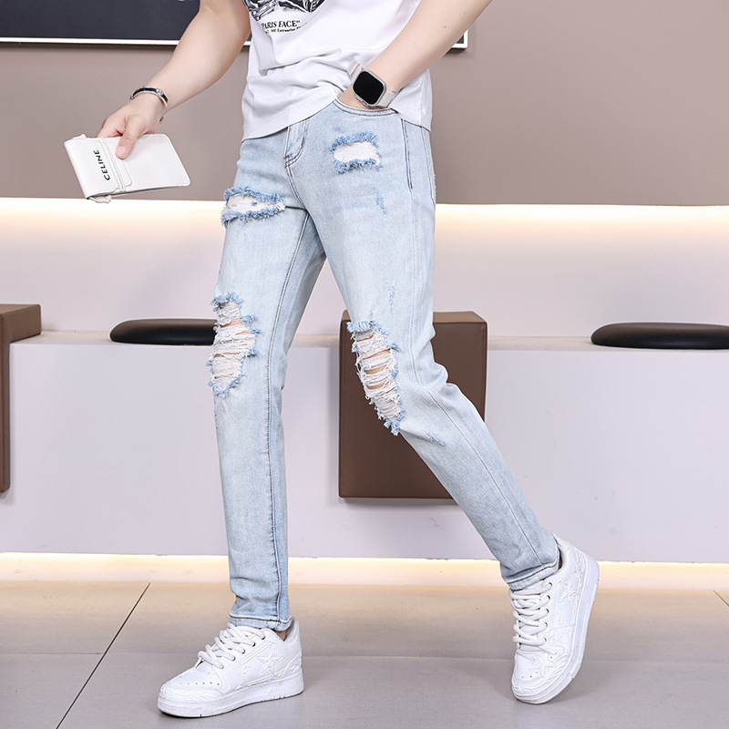 Xintang Spring New Fashion Brand Ripped Jeans Men's Slim-fit Small Straight Stretch Cloth Pants Men's Handsome Long Pants