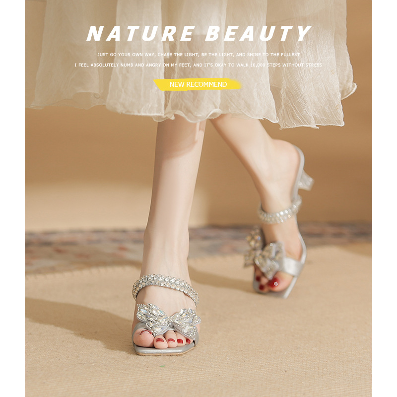 7318 Women's High-Heeled Slippers Thin Heels, 2026 New Model Crystal Heel Sandals With Rhinestone Strap And Bow_vogvips.com
