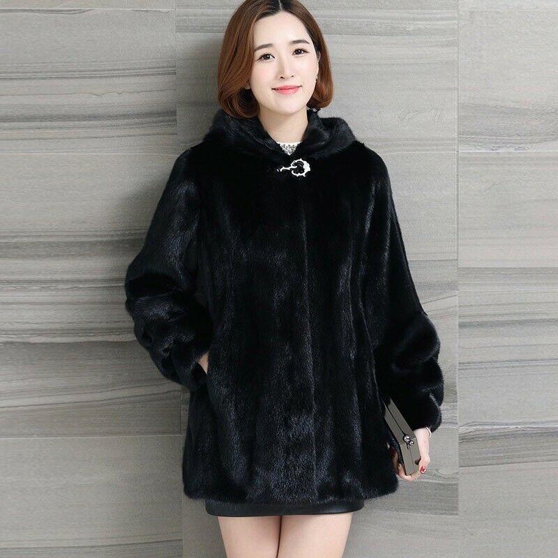 Haining's New Imitation Mink Fur Coat for Women, Mid-Length, Thickened for Autumn and Winter, Large Size, Imitation Mink Velvet Hooded Faux Fur Jacket