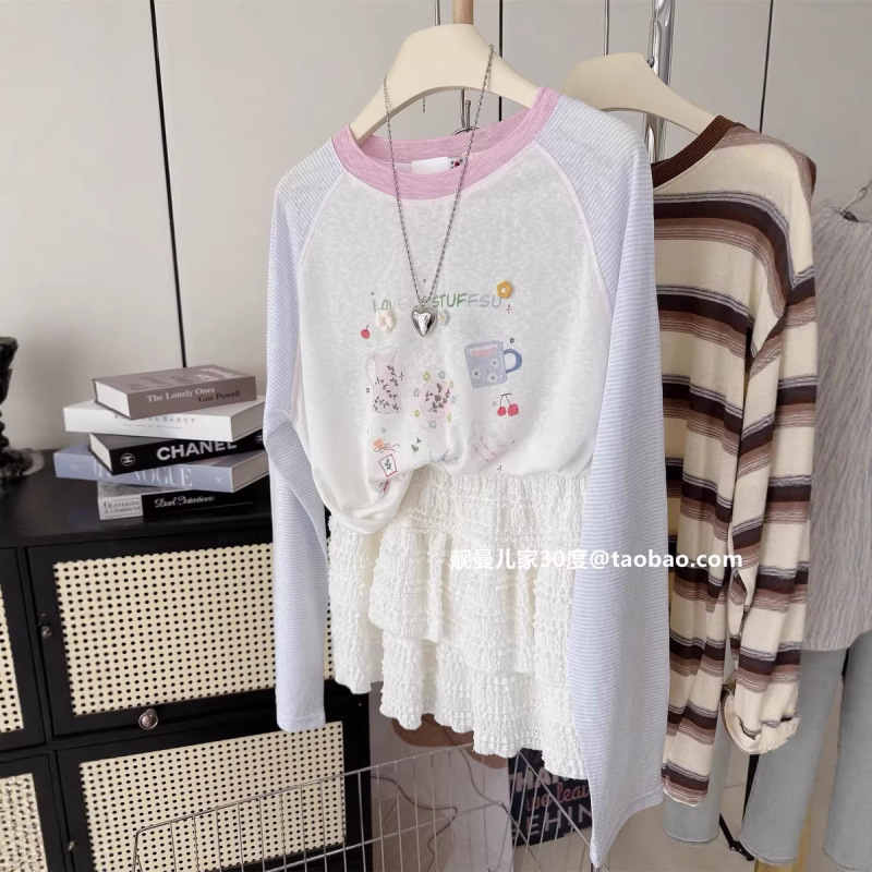 Cross-Border Plus Size 120kg Summer Style Loose Top for Women, Striped Long-Sleeve Sun-Protective T-Shirt, Versatile Snowflake Cotton