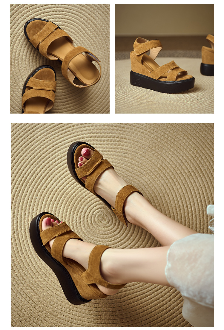 Sandal cao gót nữ mũi hở, đế xuồng bọc da lộn, quai ngang khóa dán, gót 9 cm — Nâu vàng, màu đen chi tiết 9
