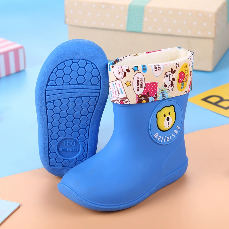 Горячие продажи детских дождевых ботинок на флисовой подкладке теплые детские сапоги для мальчиков и девочек, милая мультяшная и хлопковая обувь