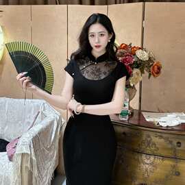 画报夫人自制弹力西装拼接蕾丝旗袍 针织淮黑珍珠图片色其他无袖