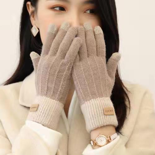 Guantes de pantalla táctil de invierno femenino Lindo estilo coreano forrado de lana de punto grueso de cinco dedos montando invierno cálido estudiante a prueba de frío