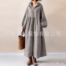 现货2025跨境春秋热卖棉麻女装连帽纽扣灯笼袖宽松连衣裙