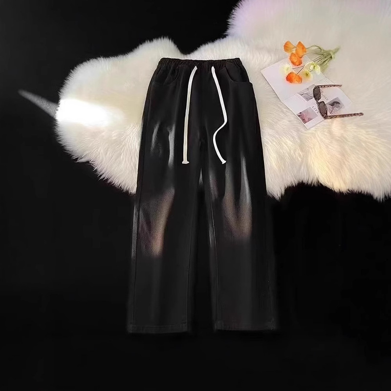 Black Elastic Waist Jeans for Women in Spring & Fall, Loose Slimming Look Crotch and Thick Straight Wide Leg Drawstring Spring Pants for Women