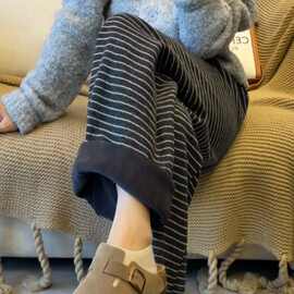 秋冬新款加厚婴儿绒条纹阔腿裤女松紧腰显瘦休闲裤直筒抽绳毛巾裤