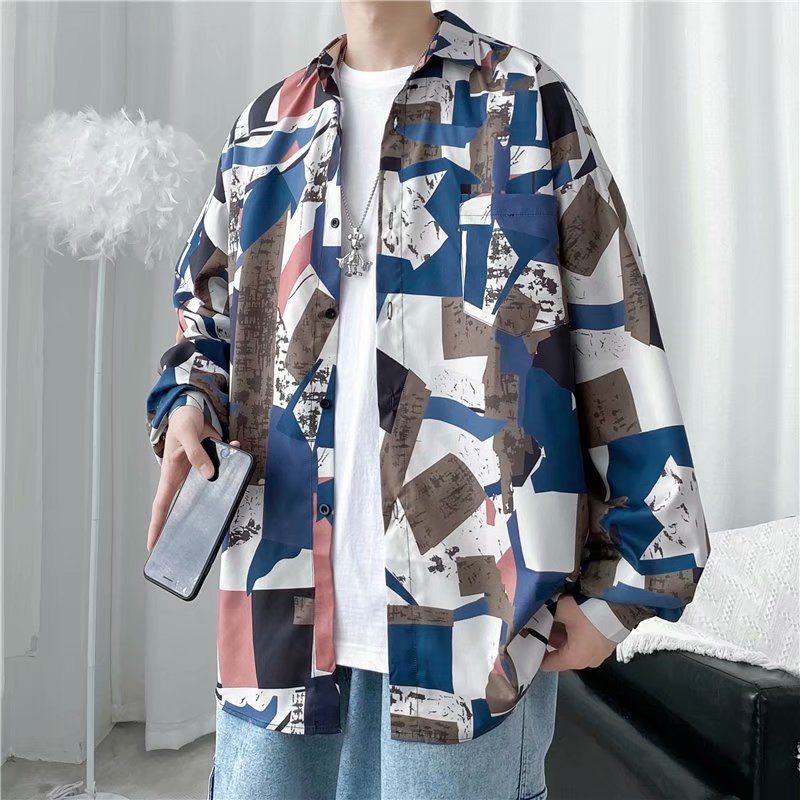 Batik-Druckhemd, langärmliges Herrenoberteil in koreanischer Version mit lockerem Drapierung, leichter, reifer Stil für Frühling und Herbst_voghion.com