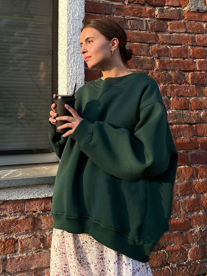 Áo sweatshirt nữ cổ tròn dáng rộng oversize tay dài chất liệu nỉ lông — Hoa màu xám, Màu cà phê, Màu trắng, Xanh navy chi tiết 7