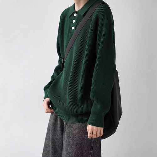 Pure Color Collar Sweater for Men - Autumn Simple and Versatile Hoodless Knit Top - Japanese Style Trendy Men Loose Knit Polo Shirt