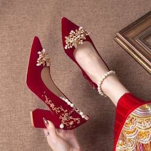 Pointed Toe Thick Heel Wedding Shoes 2025 New Chinese Style Xiuhe Toast Dress Burgundy Bridal Wedding Shoes for Pregnant Women
