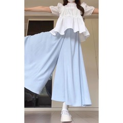 ブルーのスカートパンツ レディース 夏 2025 小柄さん向け ハイウエスト Aライン プリーツスカート ワイドレッグパンツ ゆったり カジュアル
