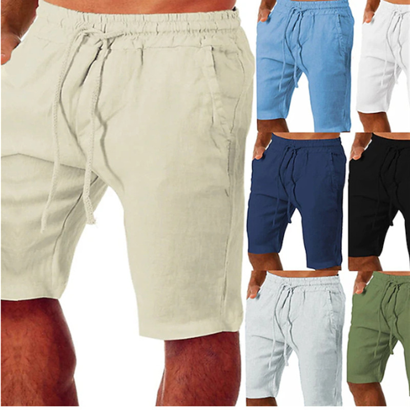 2024 new cotton and linen shorts drawstring elastic waist straight leg solid color breathable daily beach five casual pants