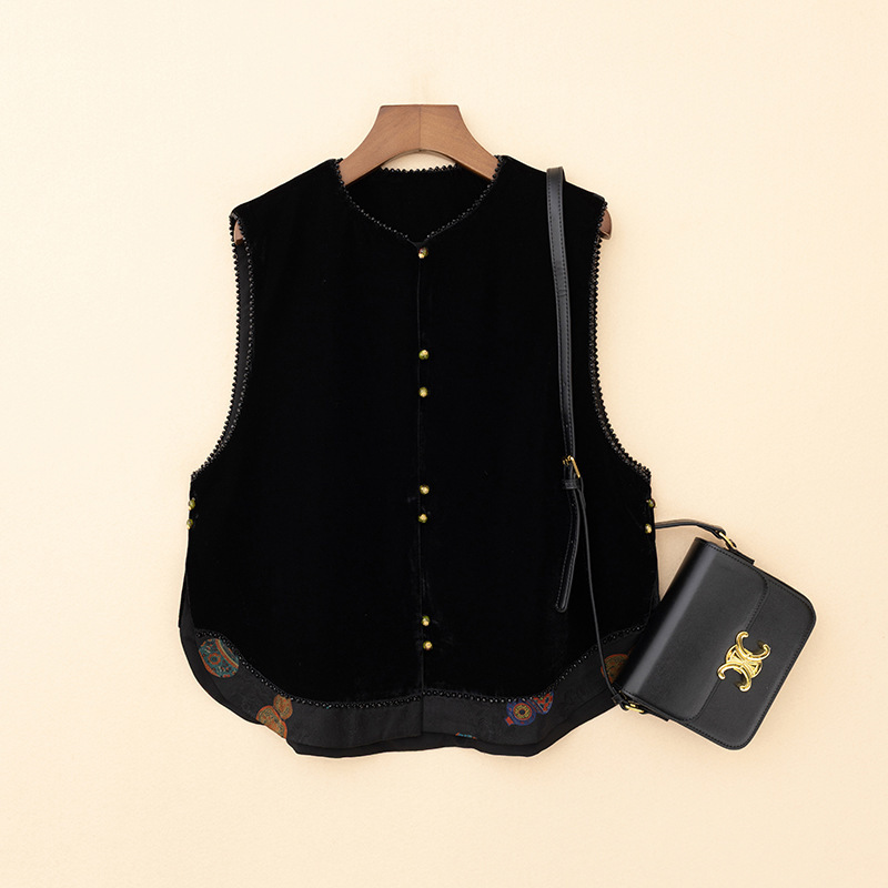 Detailed Quality New Velvet Patchwork Lace Rhinestone Bead Trim Chinese Style Round Neck Button Sleeveless Top Vest