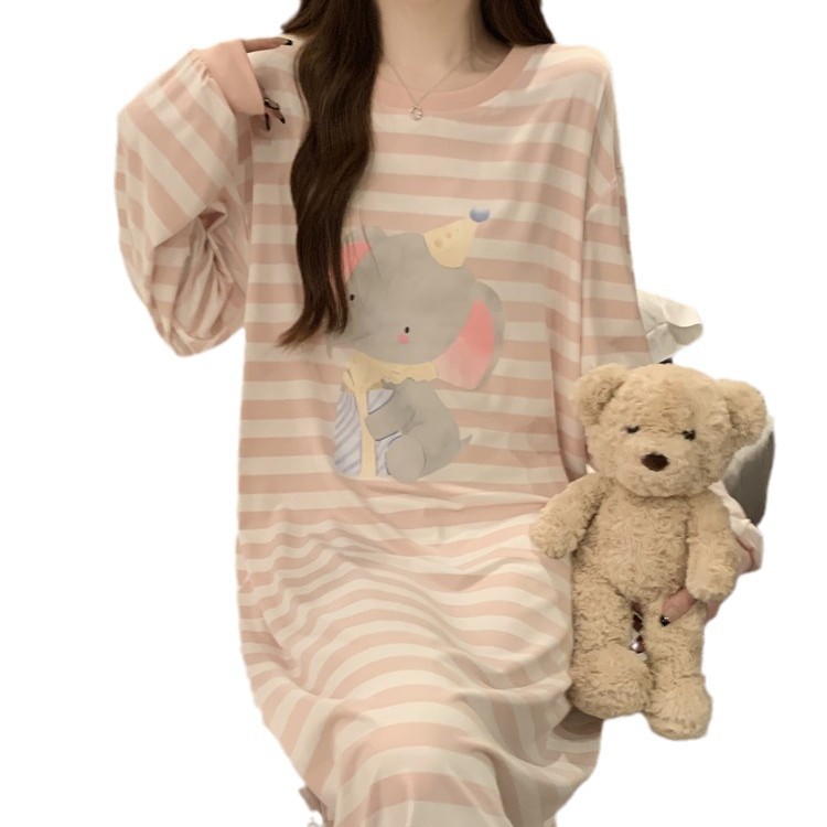 나이트가운 여성의 봄과 가을 긴 소매 여성 면화 2024 새 도착 잠옷 착용