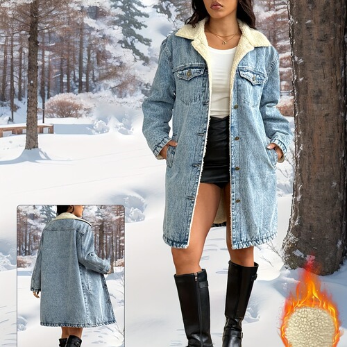 New Elegant Women's Casual Stylish Long Sleeve Washed Cotton Coat with Fleece Retro Denim Jacket for Women Blue Other